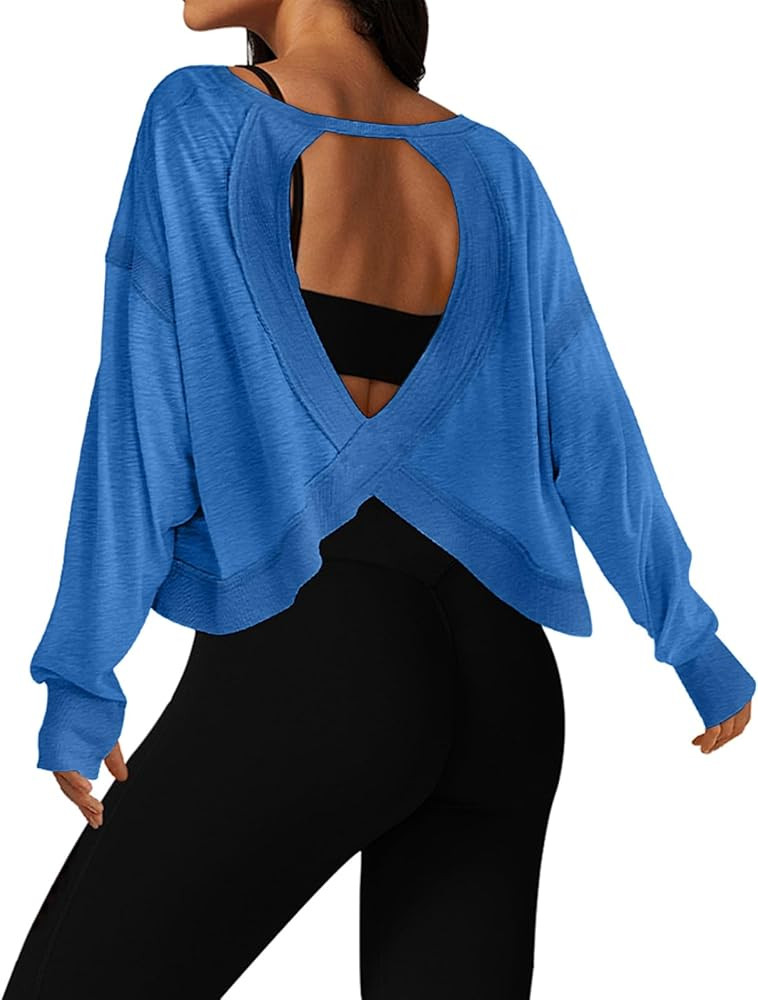 UNIANKIYA Open Back Workout Tops for Women Long Sleeve Cropped Athletic Clothes Gym Running Yoga ... | Amazon (US)