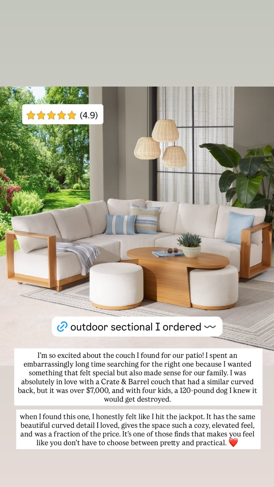 I’m so excited about the couch I found from @walmart for our patio! I spent an embarrassingly long time searching for the right one because I wanted something that felt special but also made sense for our family. I was absolutely in love with a Crate & Barrel couch that had a similar curved back, but it was over $7,000, and with four kids, a 120-pound dog I knew it would get destroyed. 

when I found this one, I honestly felt like I hit the jackpot. It has the same beautiful curved detail I loved, gives the space such a cozy, elevated feel, and was a fraction of the price. It’s one of those finds that makes you feel like you don’t have to choose between pretty and practical. ❤️
