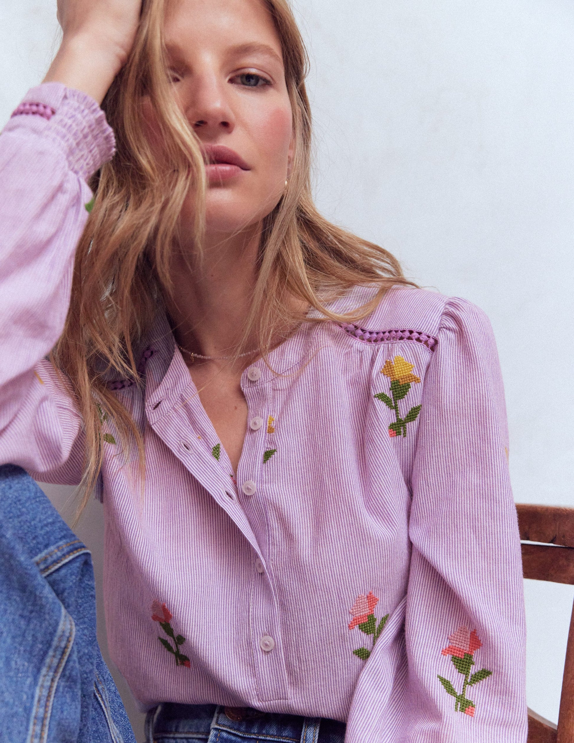 Embroidered Trim Interest Top-Purple Stripe Embroidery | Boden (US)