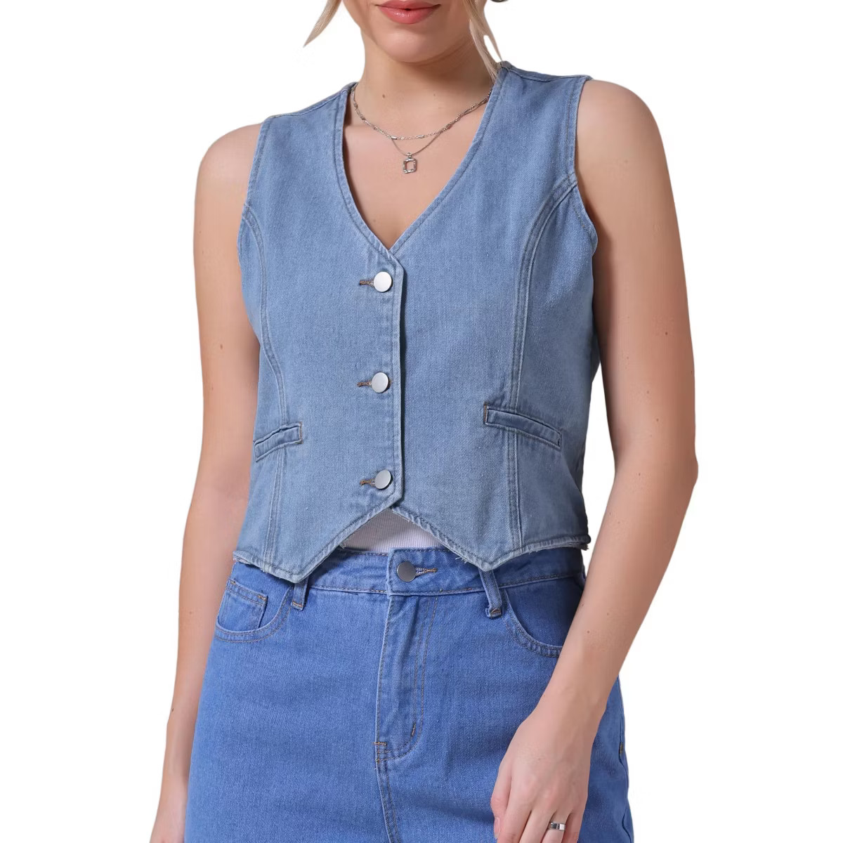 INSPIRE CHIC Women's Sleeveless V Neck Button Down Jean Crop Denim Tank Tops | Target