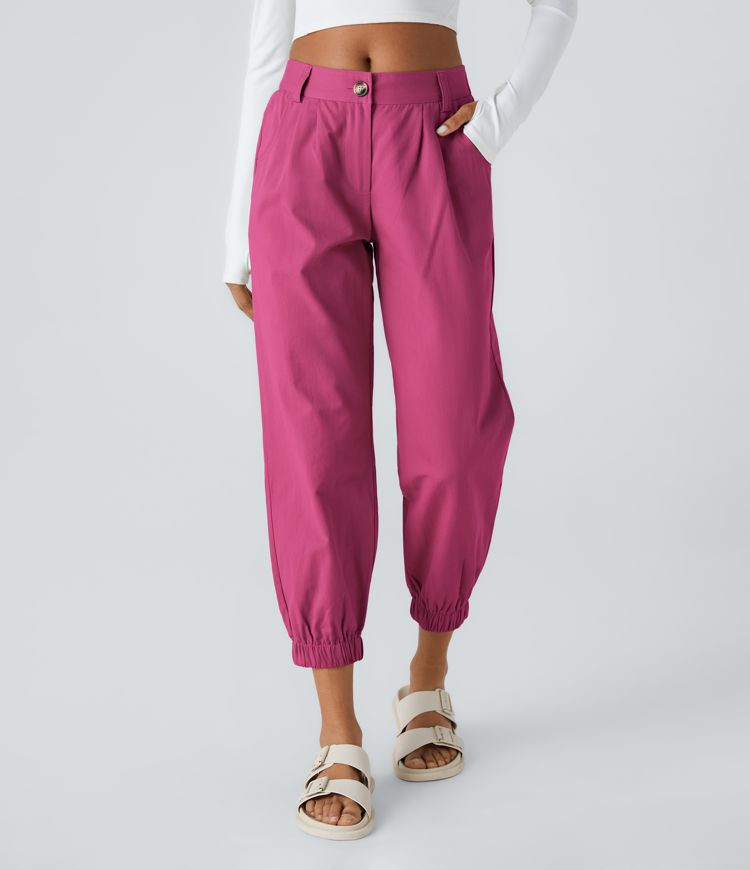 Women’s Mid Rise Button Zipper Side Pocket Casual Cotton Joggers - Halara | HALARA