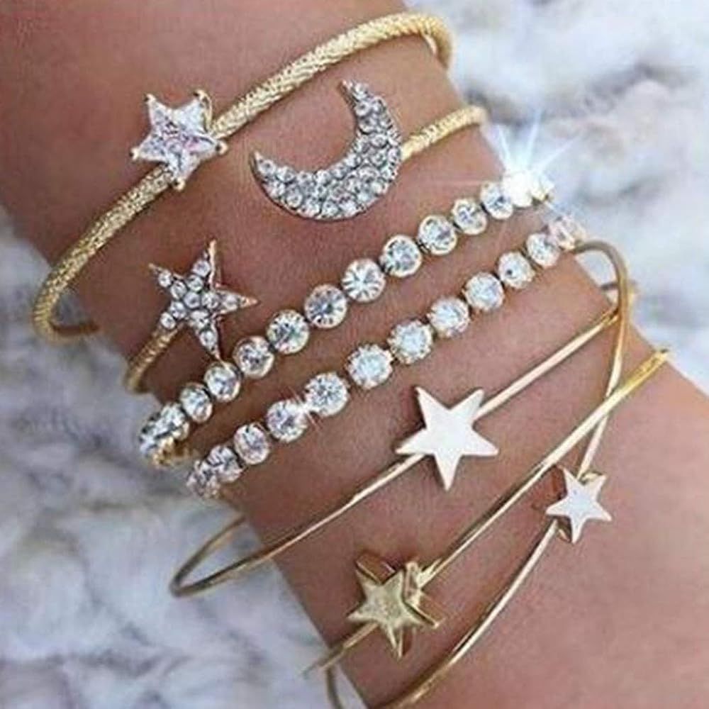 Zehory Boho Crystal Stackable Bracelets Gold Star Moon Open Cuff Bangle Bracelet Set Heart Stacki... | Amazon (US)
