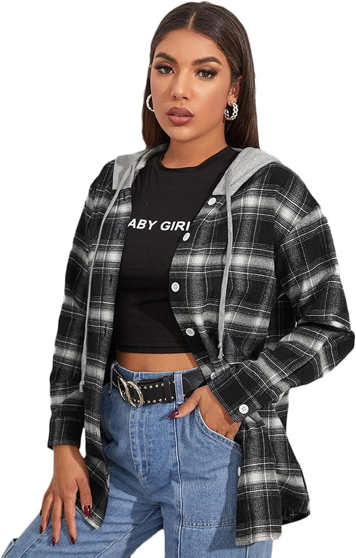 Verdusa Women's Drawstring Hooded Button Down Plaid Long Tunic Top Blouse Overshirt | Amazon (US)