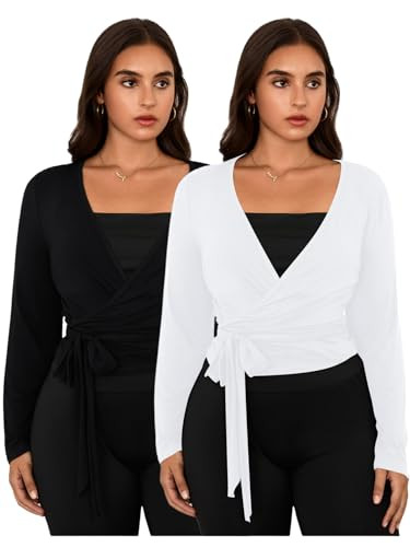 SweatyRocks Women's Pilates Outfits Wrap Tops Ballet Yoga Coquette Shirt Cute Long Sleeve Workout Activewear Plus Black and White Large Plus | Amazon (US)