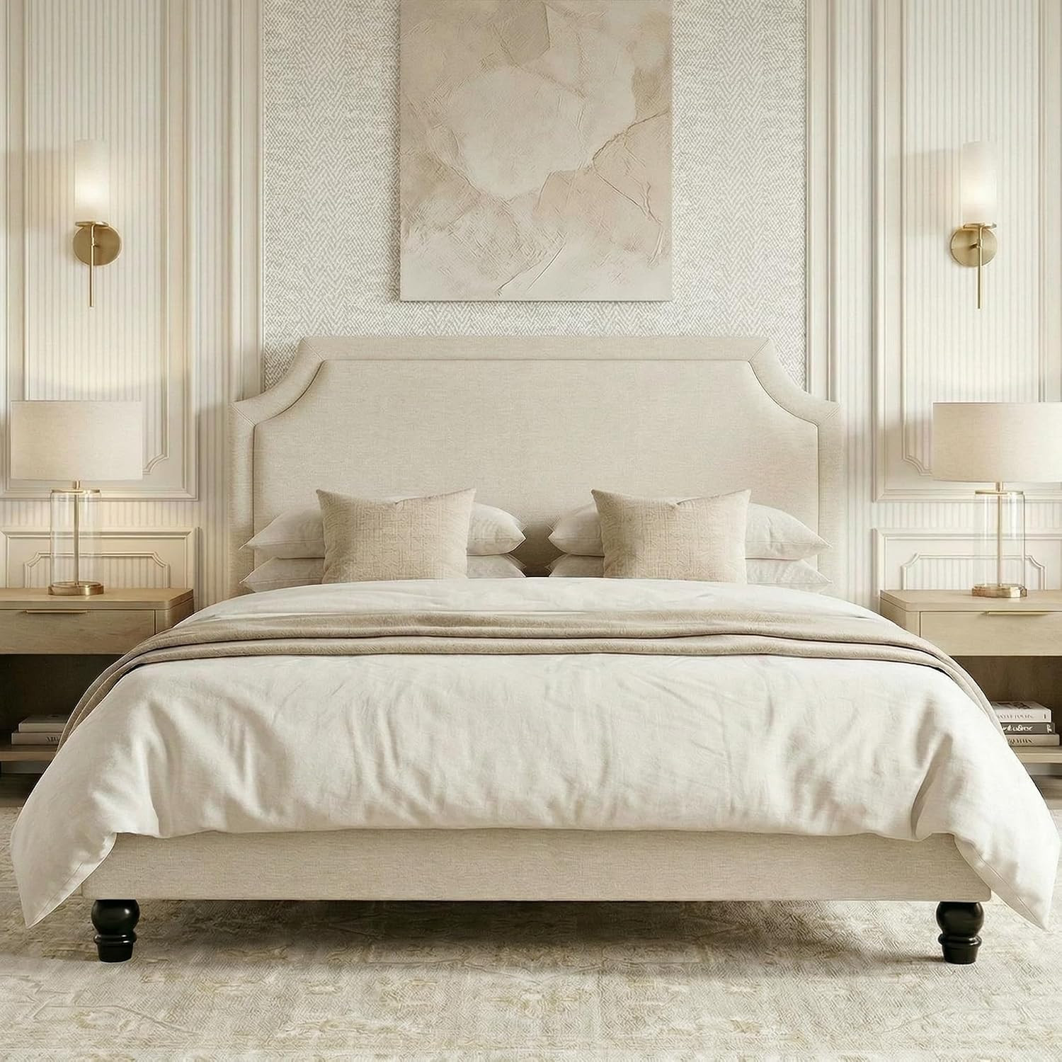 SHA CERLIN King Chenille Upholstered Platform Bed Frame, Beige | Amazon (US)