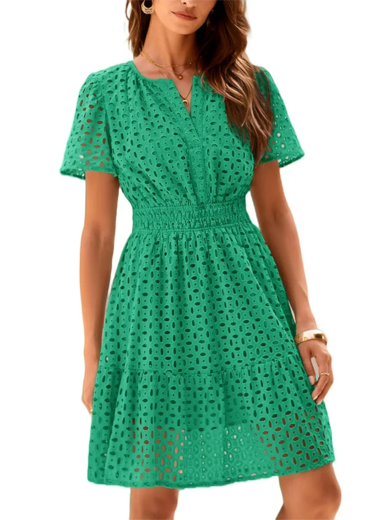 PRETTYGARDEN Womens Summer Short Dress V Neck Short Sleeve A Line Wear To Work Hollow Out Lace Ru... | Walmart (US)