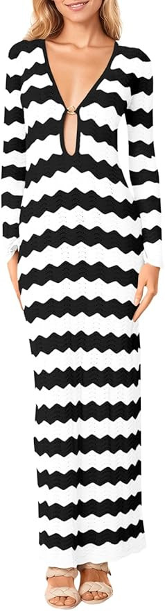Saodimallsu Womens Crochet Summer Maxi Dress Striped Sexy Cut Out V Neck Long Sleeve Knit Cover U... | Amazon (US)