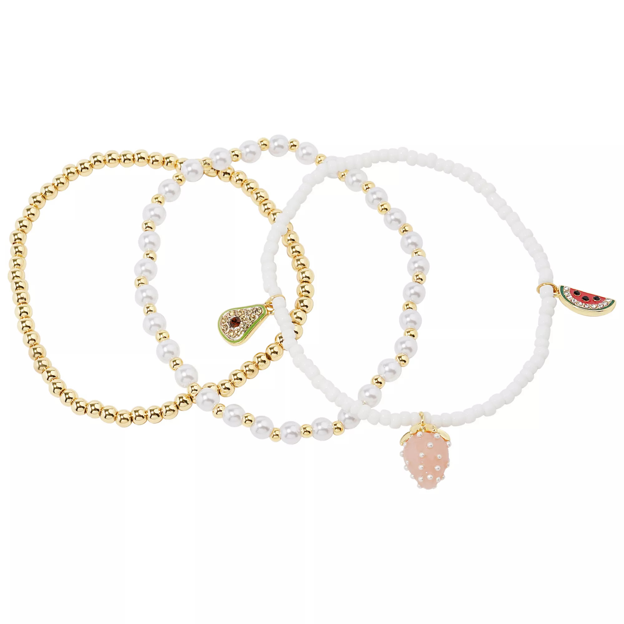 LC Lauren Conrad 3-Piece Gold Tone & Simulated Pearl Beaded Fruit Charm Bracelet Set | Kohl's