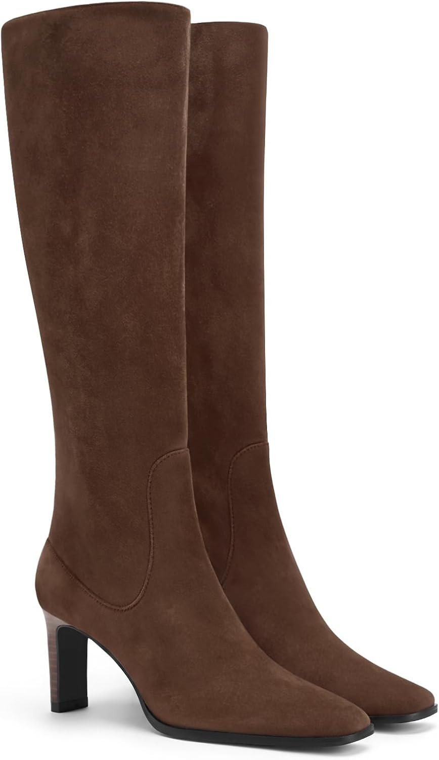 Coutgo Knee High Boots Women Square Toe Chunky Heel Zipper Dress Tall Boots | Amazon (US)