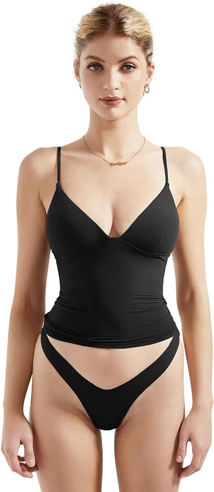 SUUKSESS Women Sexy Deep V Neck Sleeveless Fitted Basic Tops Y2K Tank Top Cami | Amazon (US)