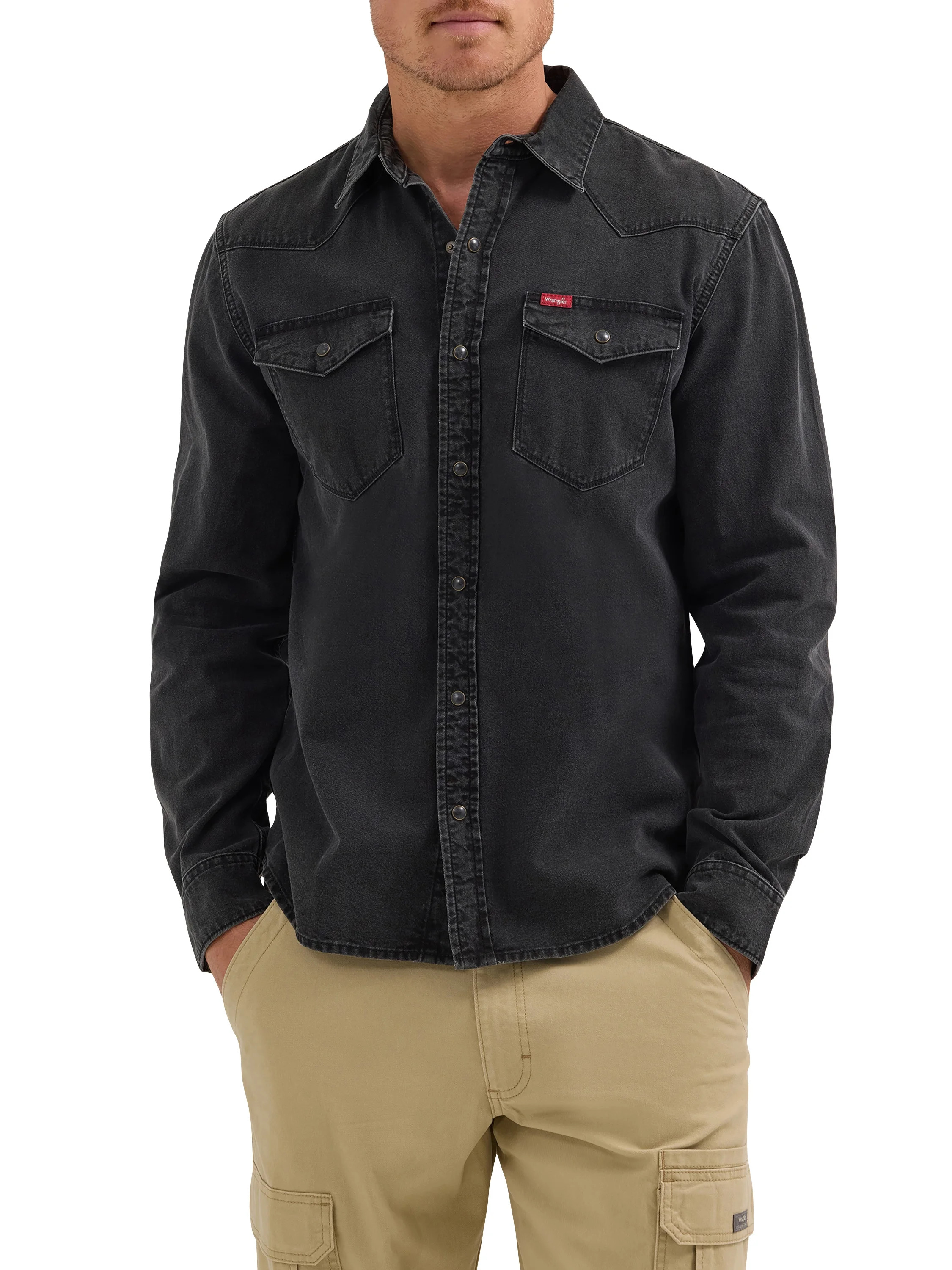 Wrangler® Men's Slim Fit Long Sleeve Woven Denim Shirt with Sunglasses Cleaner, Sizes S-5XL | Walmart (US)