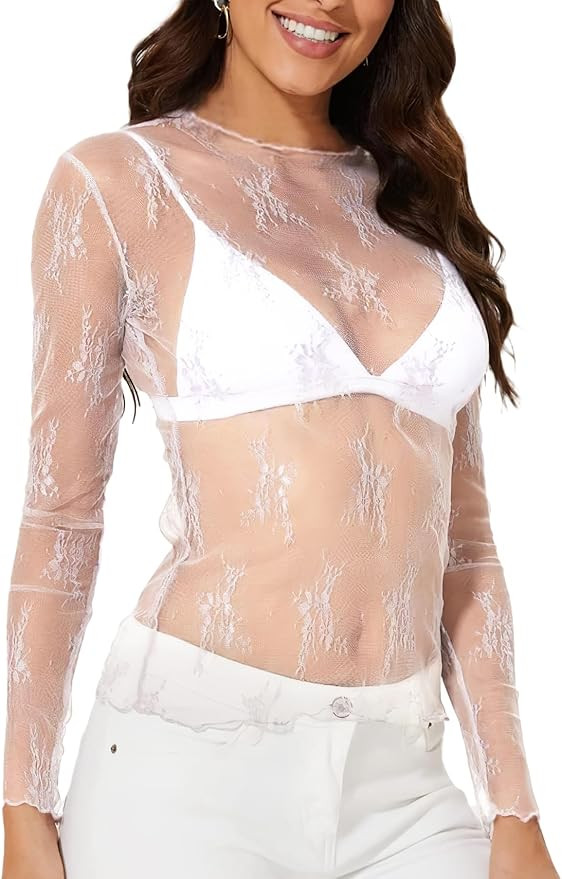 WIHOLL Womens Mesh Sheer Tops Sexy Crew Neck Summer Loose FIt Party Clubwear Shirts | Amazon (US)