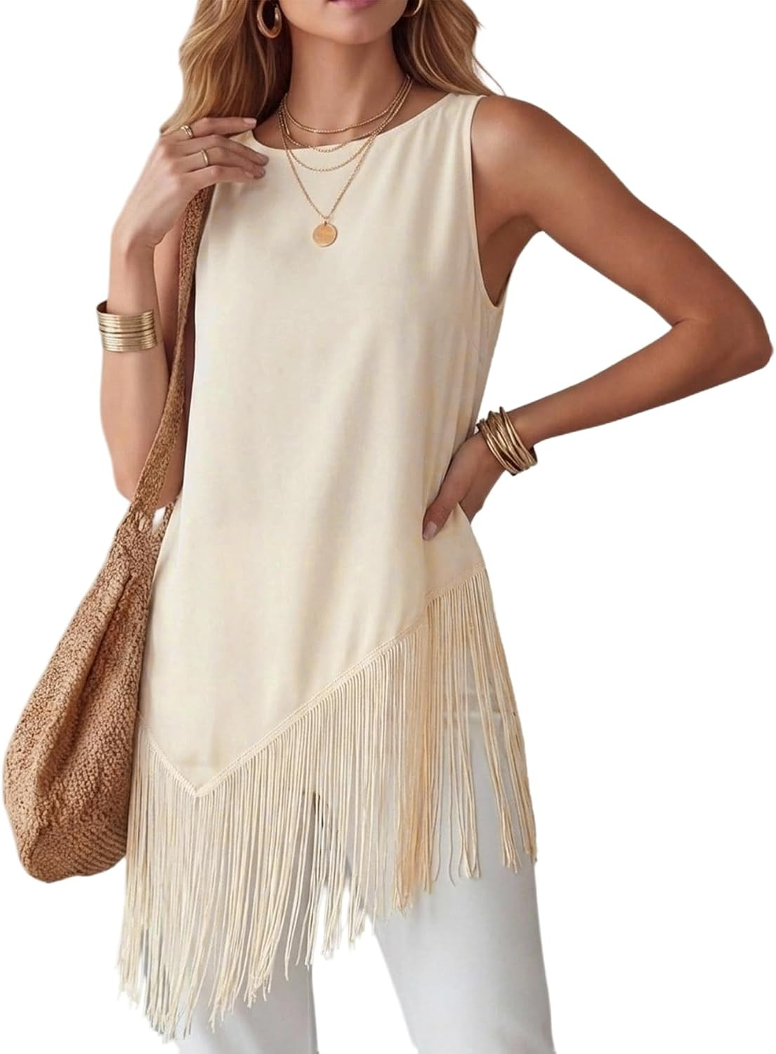 MakeMeChic Womens Fringe Hem Sleeveless Crew Neck Tank Top | Amazon (US)