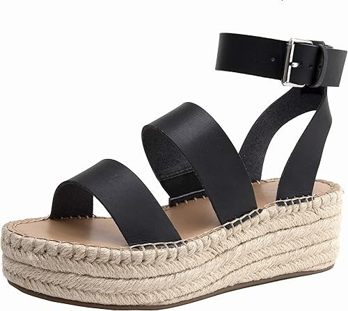 The Drop Women's Listilla Espadrille Flatform Ankle Strap Sandal Wedge, Faux Leather Black, 9.5 | Amazon (US)