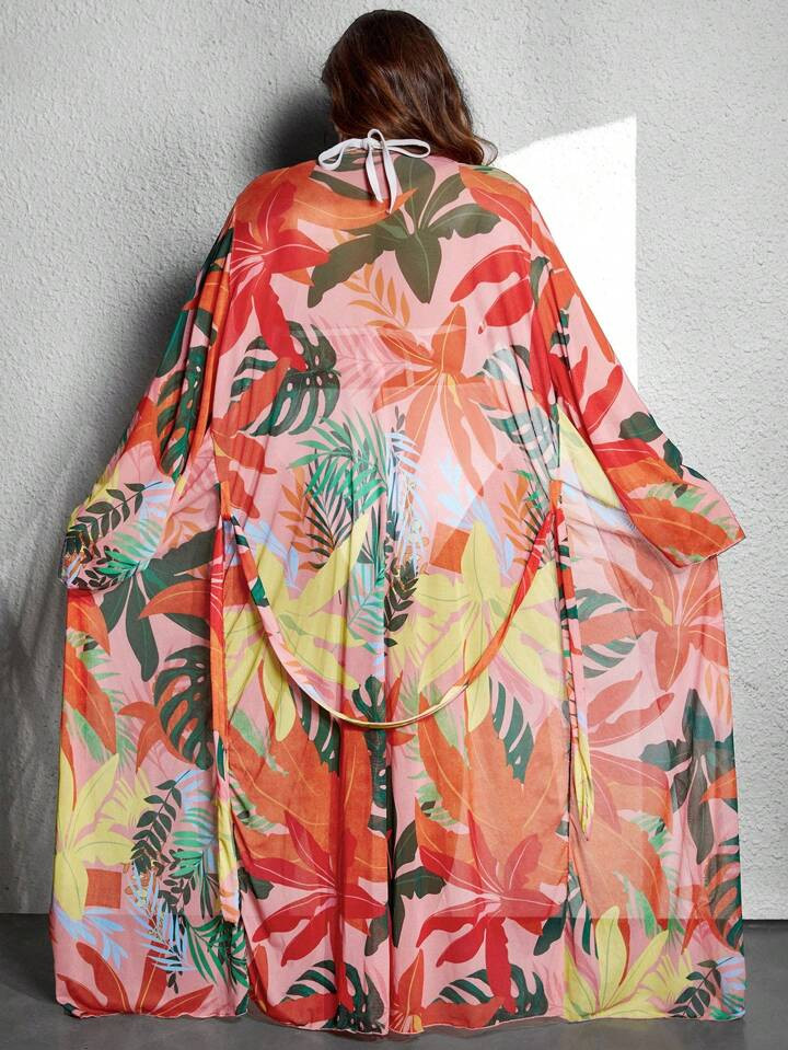 SHEIN CURVE+ Plus Size Summer Beach Holiday Sheer Tropical Print Kimono | SHEIN