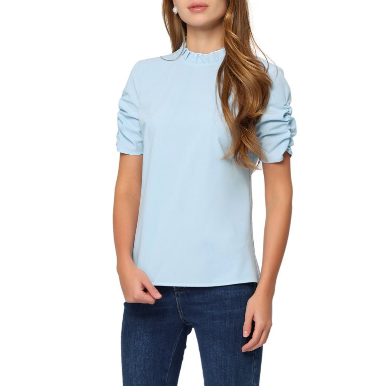 Allegra K Women's Casual Work Blouse Ruffle Mock Neck Puff Short Sleeves Tops | Walmart (US)