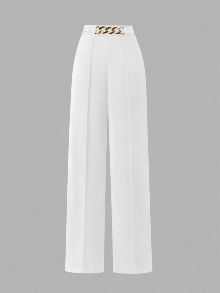 EARO Women Plain Metal Chain Waist Toothpick Leg Relaxed Fit Straight Pants | SHEIN