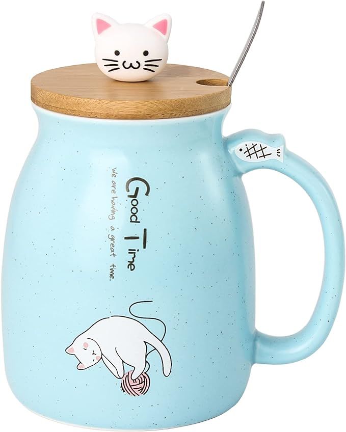 15oz Cute Cat Coffee Mug, Ceramic Tea Cup with Lovely Kitty Bamboo lid and Stainless Steel Spoon,... | Amazon (US)