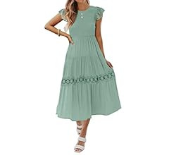 ZESICA Women's 2023 Casual Crew Neck Flutter Sleeve Smocked High Waist Hollow Out Lace Trim Tiere... | Amazon (US)