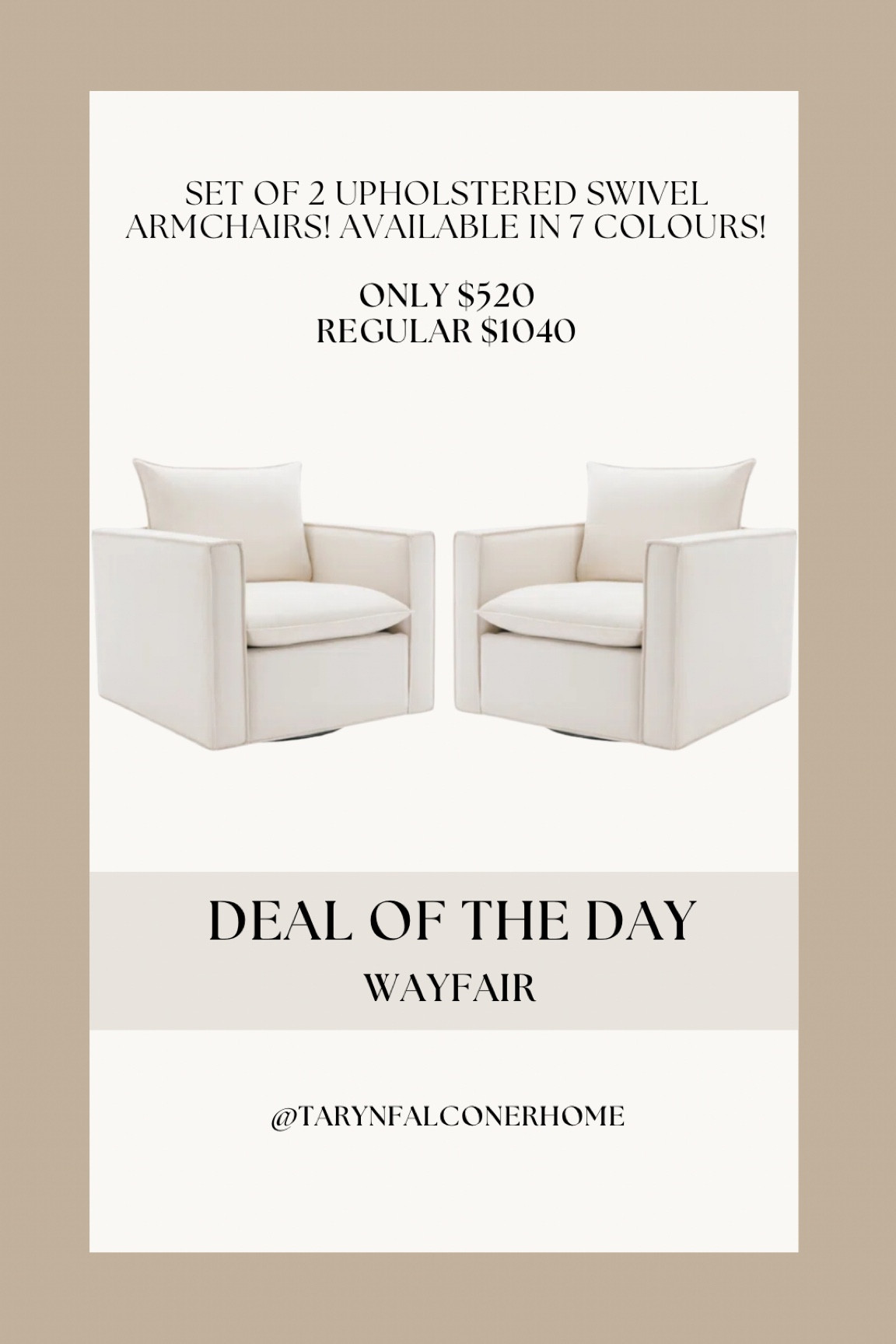 Set of 2 upholstered swivel armchairs! Available in 7 colours!

#armchair #accentchair #onsale #homefind #furniture #neutralhome #affordable

#LTKsale #LTKcasa

#LTKHome #LTKSaleAlert