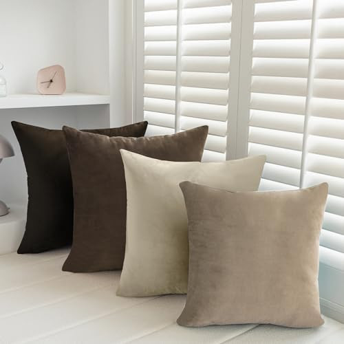 Softaker 18x18 Velvet Pillow Covers Set of 4, Soft Solid Colors Throw Pillow Covers, Square Decorative Cushion Pillow Case for Couch Sofa Bedroom Living Room (No Inserts), Brown/Grey | Amazon (US)