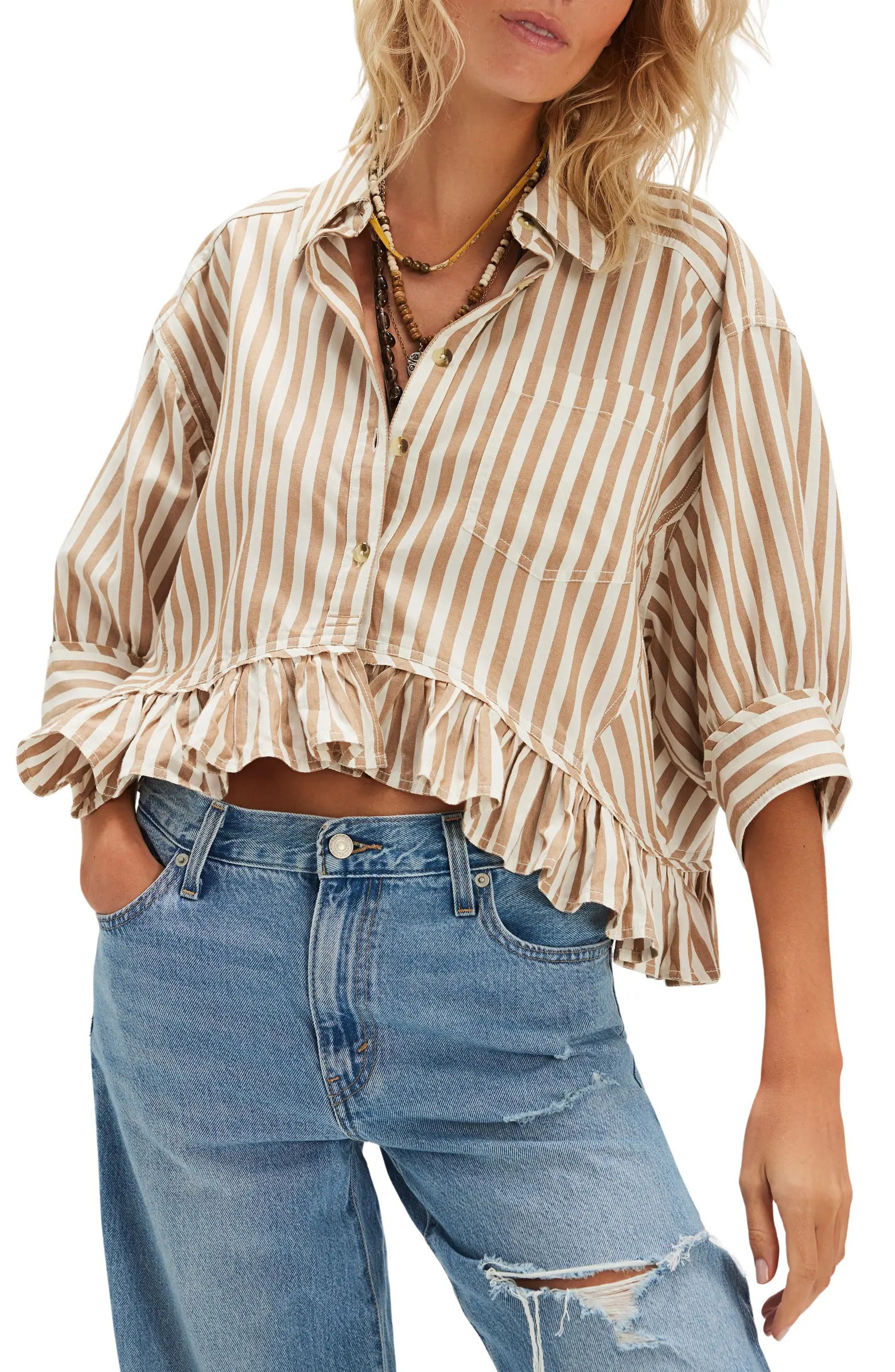Bailey Stripe Ruffle Hem Cotton Button-Up Shirt | Nordstrom