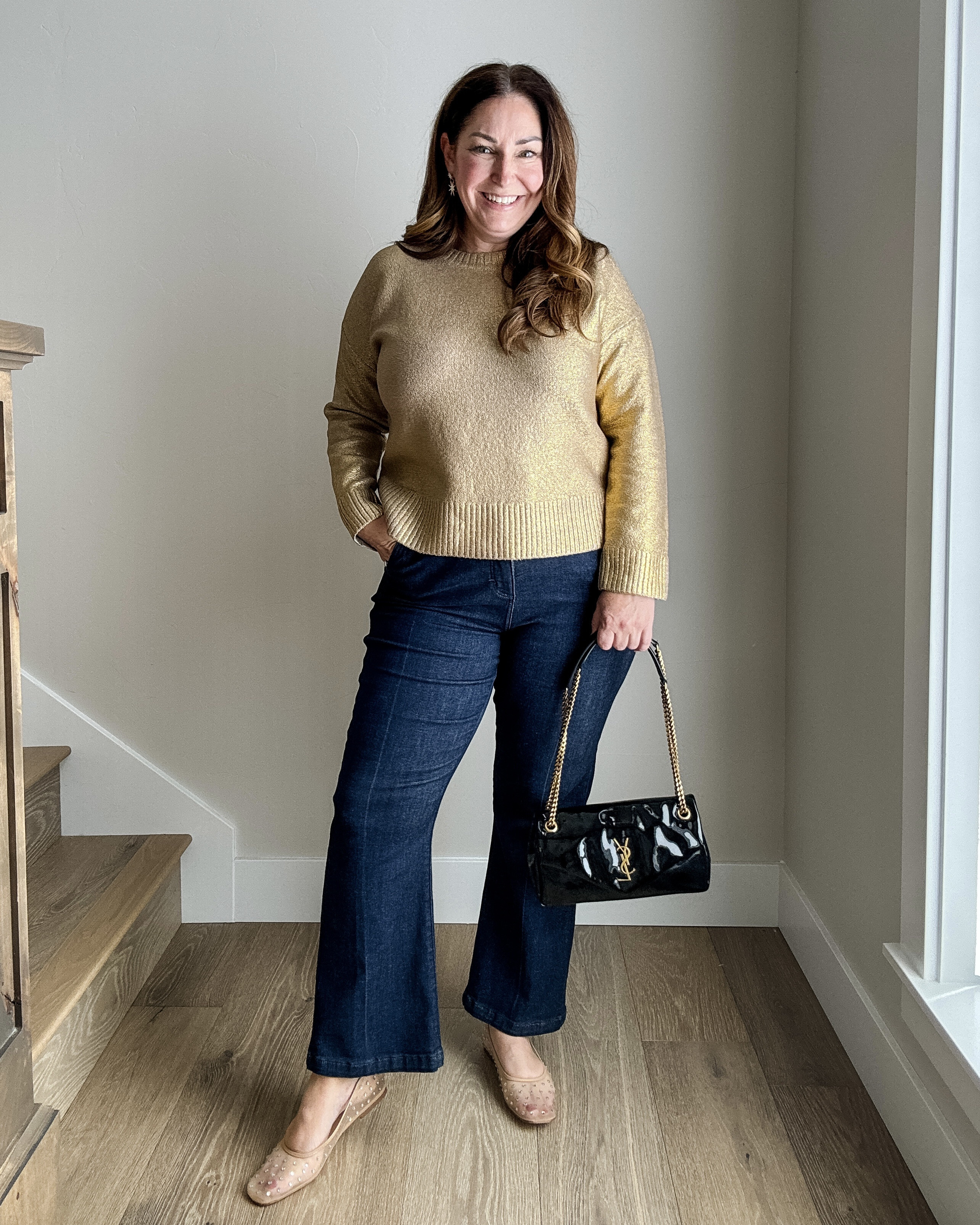 Holiday outfit from LOFT 
· wearing large in top, 14 in jeans (size up if in-between)

Christmas, Holiday party, holiday looks, thanksgiving, new year, gold sweater, burgundy pants, satin pants, black pants TheRecruiterMom

#LTKMidsize #LTKHoliday #LTKParties