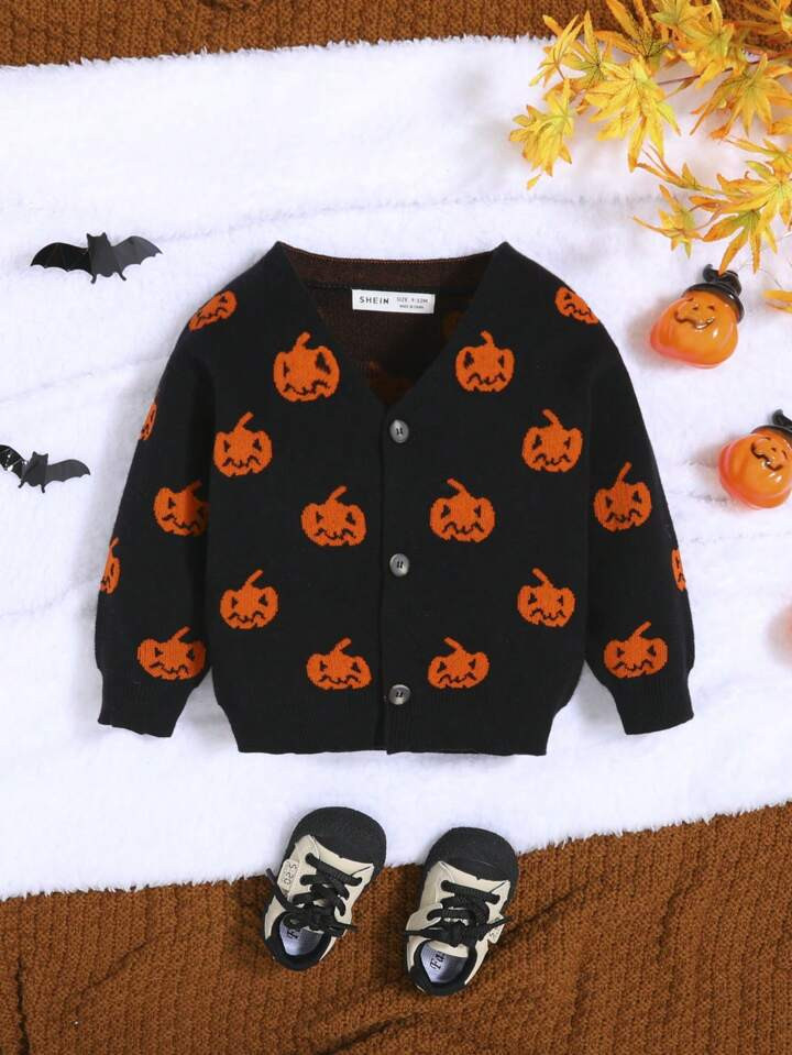 SHEIN Infantil Cárdigan manga larga escote V casual suelto con calabaza diseño | SHEIN