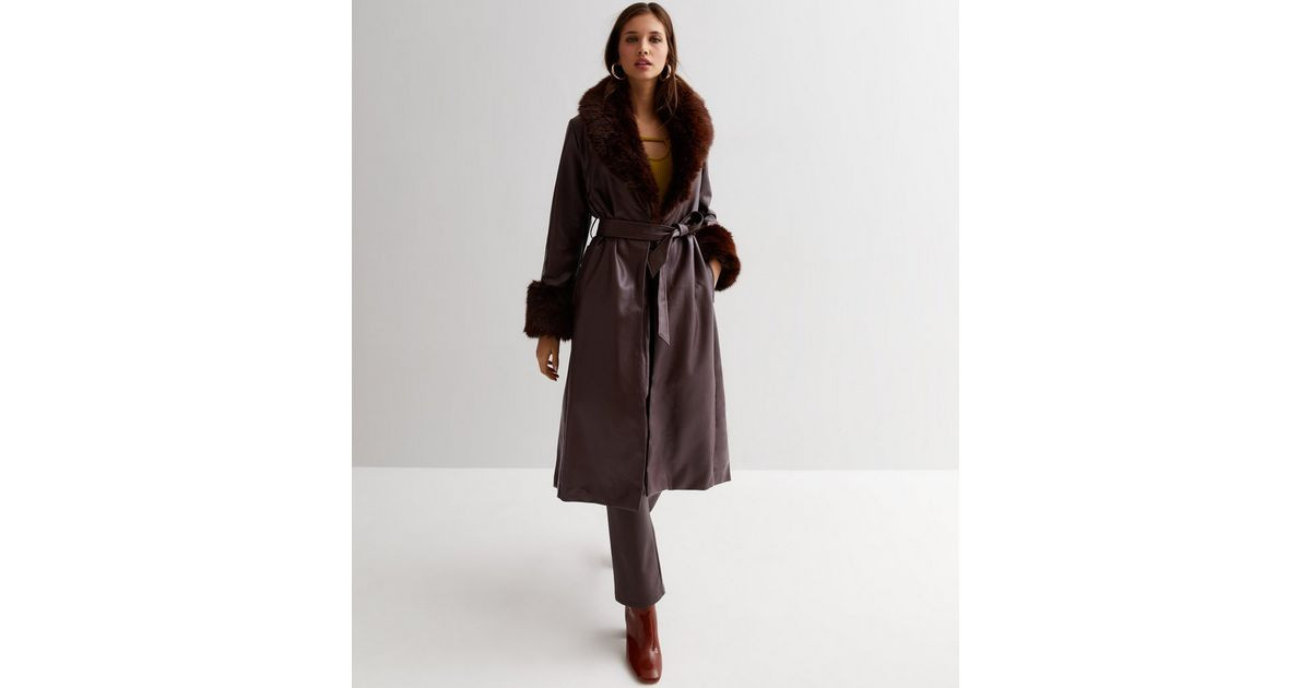 Dark Brown Leather-Look Faux Fur Trim Coat | New Look | New Look (UK)