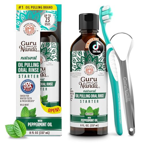 GuruNanda Starter Pulling Oil Mouthwash for Natural Teeth Whitening, Coconut and Peppermint Oil for Fresh Breath & Happy Gums, with Toothbrush & Tongue Scraper, Alcohol-Free, 8 Oz | Amazon (US)