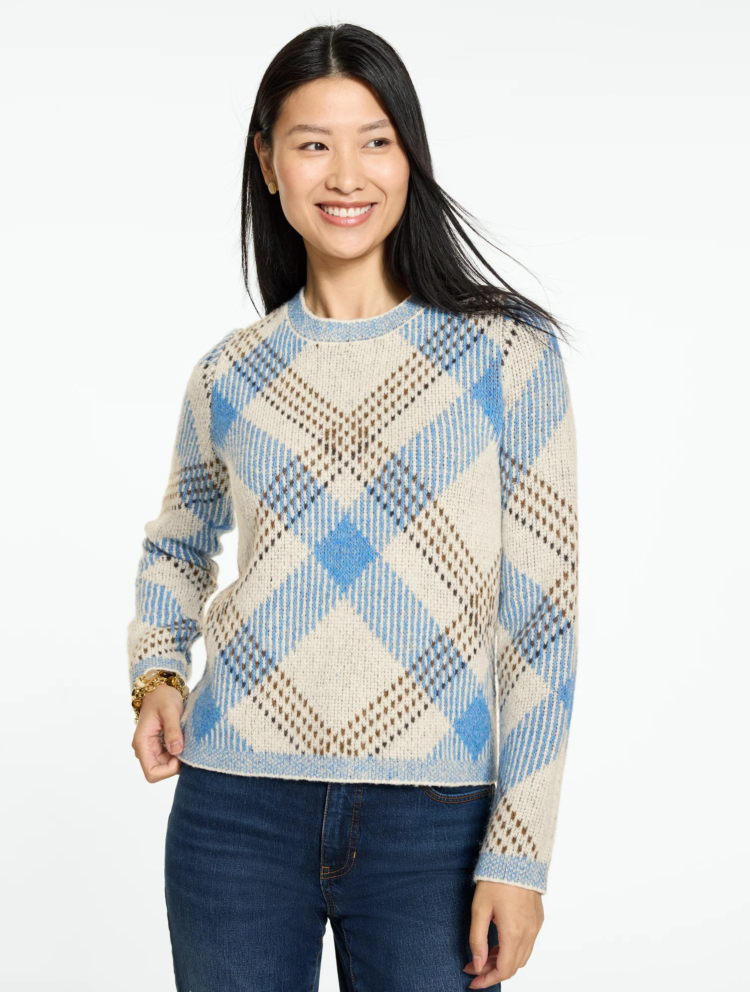 Petite - Crewneck Sweater - Plaid - Evening Blue - Large Talbots | Talbots