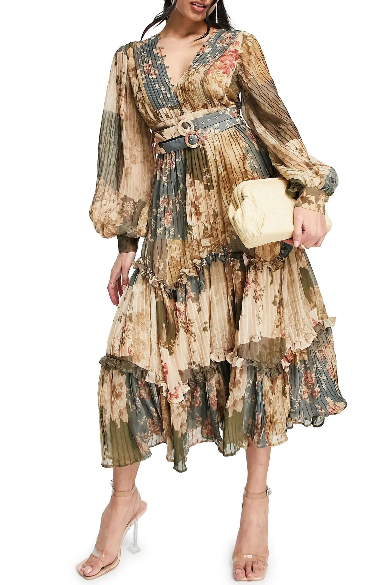 ASOS DESIGN Floral Long Sleeve Pleated Midi Dress | Nordstrom | Nordstrom
