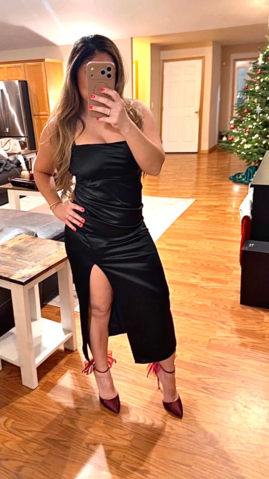 I wore this outfit to my company‘s Christmas party and got so many compliments on this look! This could also be the perfect outfit for a Valentines dinner or for a girls night out. Satin dress is size medium and the heels are 7.5

#LTKSeasonal #LTKValentine #LTKPetite