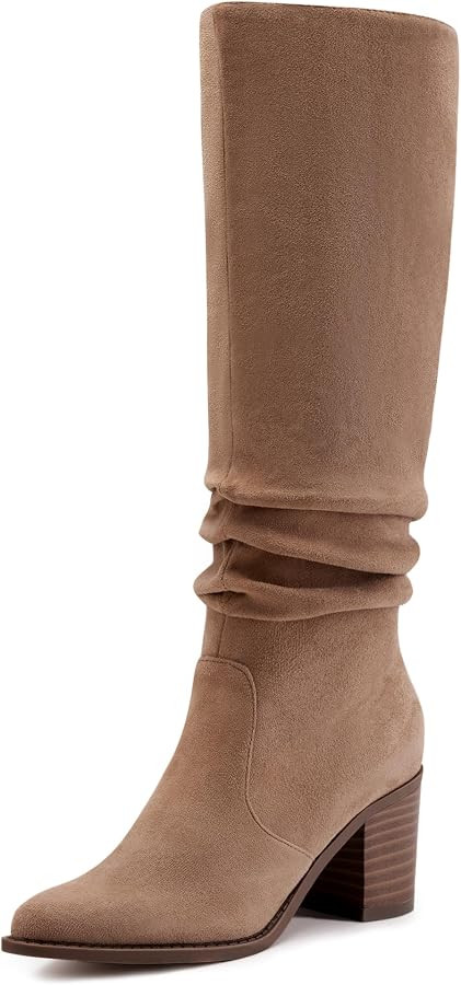 Athlefit Womens Knee High Chunky Heel Boots Faux Suede Pointed Toe Side Zipper Boots | Amazon (US)