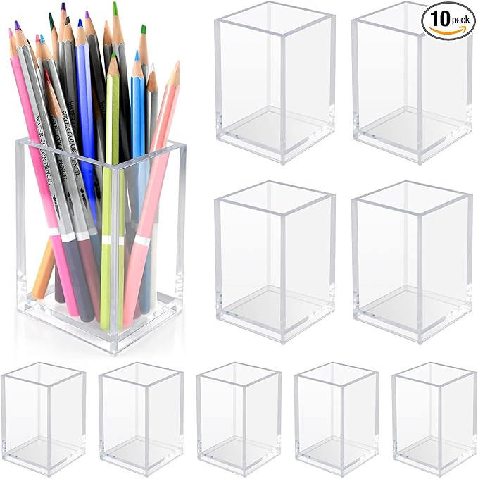10 Pack Clear Acrylic Pen Holder for Desk, Pencil Cup Makeup Brush Organizer, Square Acrylic Penc... | Amazon (US)