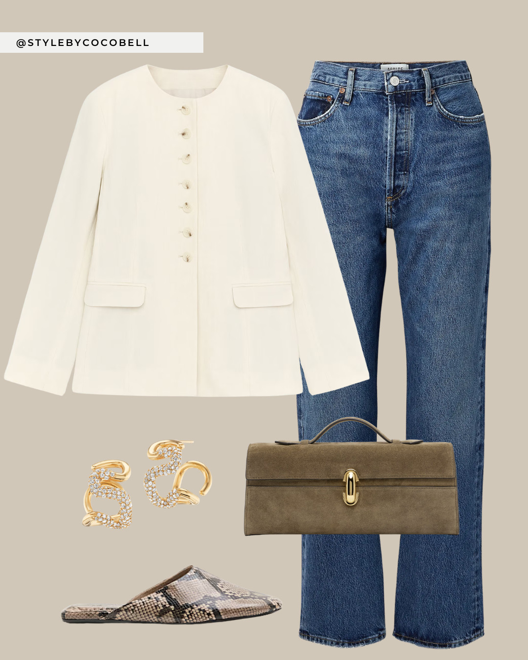 Structured neutrals paired with timeless denim
Shop the earrings: https://kimberlyginger.com/products/pave-waverly-hoops 

 #LTKspring