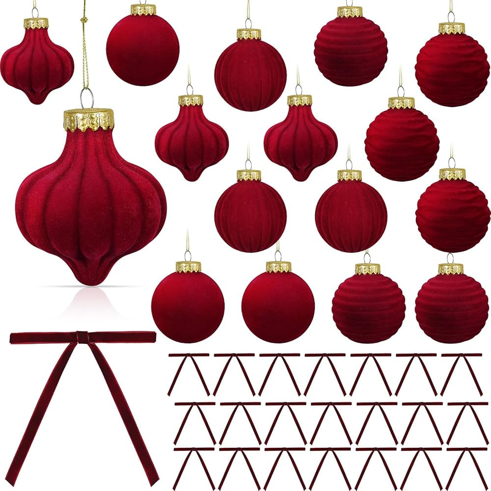 45 Pcs Velvet Christmas Ball Ornaments and Velvet Wreath Bow, 15 Flocked Christmas Tree Hanging B... | Amazon (US)