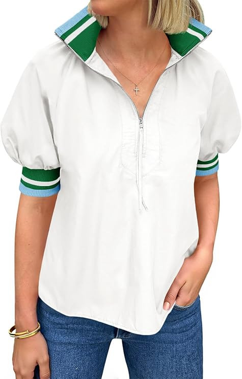 Tankaneo Womens Puff Sleeve Tops Blouse Color Block Half Zip V Neck Pullover Trendy Summer Casual... | Amazon (US)