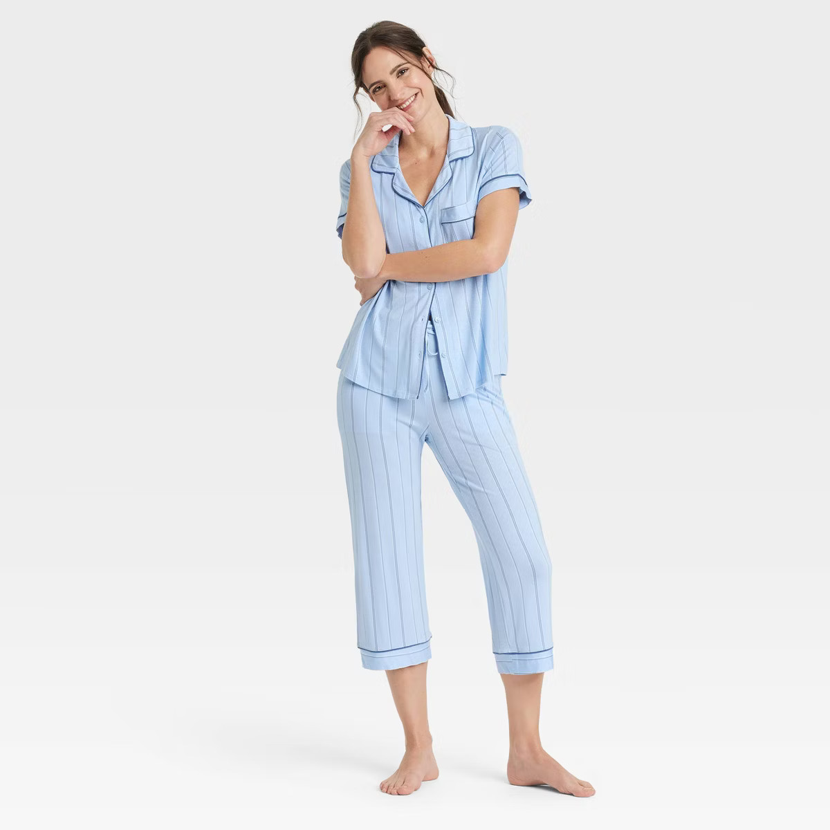 Women's Cloud Knit Short Sleeve Notch Collar Top and Cropped Pants Pajama Set - Auden™ | Target