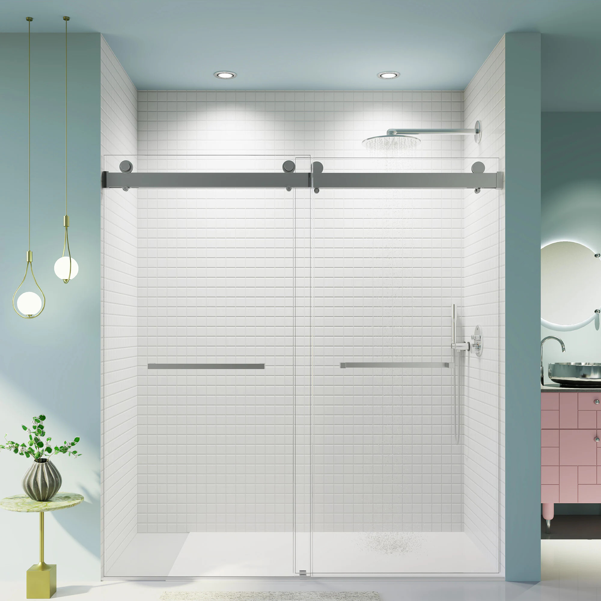 BWE Aquashwdor Chrome 68-in to 72-in W x 76-in H Frameless Clear Glass Bypass Sliding Soft Close Shower door Stainless Steel one_size | D-P174981-C | Lowe's