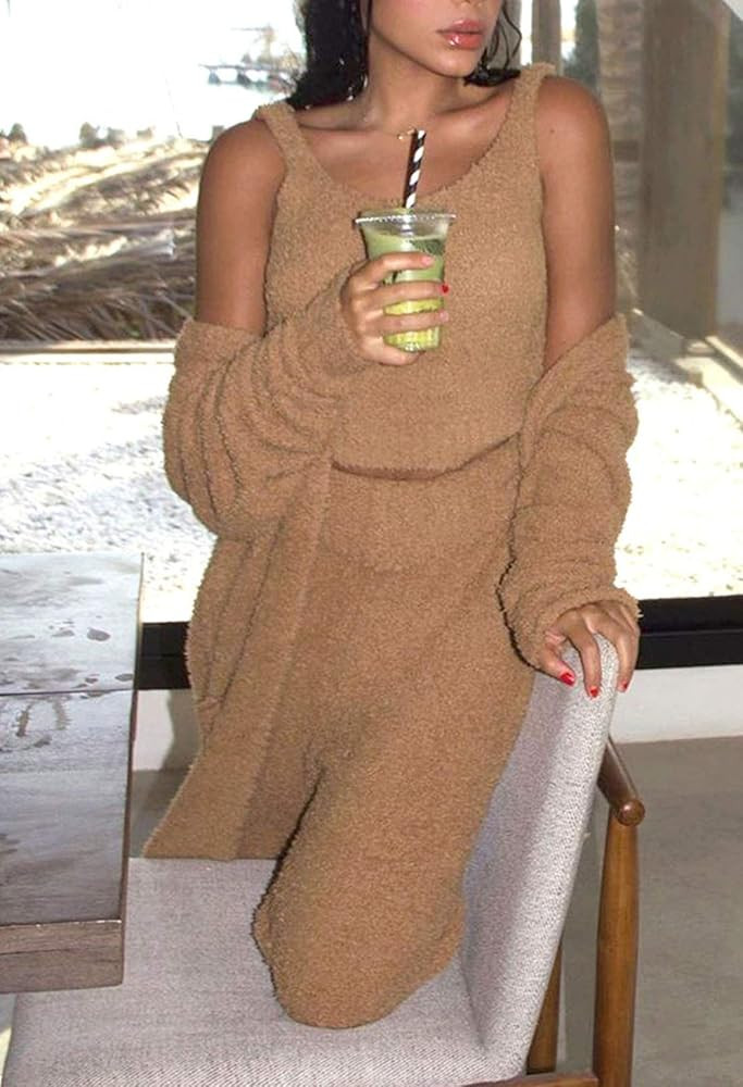 Fixmatti Women's Fuzzy 3 Piece Sweatsuit Open Front Cardigan Crop Tank Tops Wide Legs Pants Lounge S | Amazon (US)