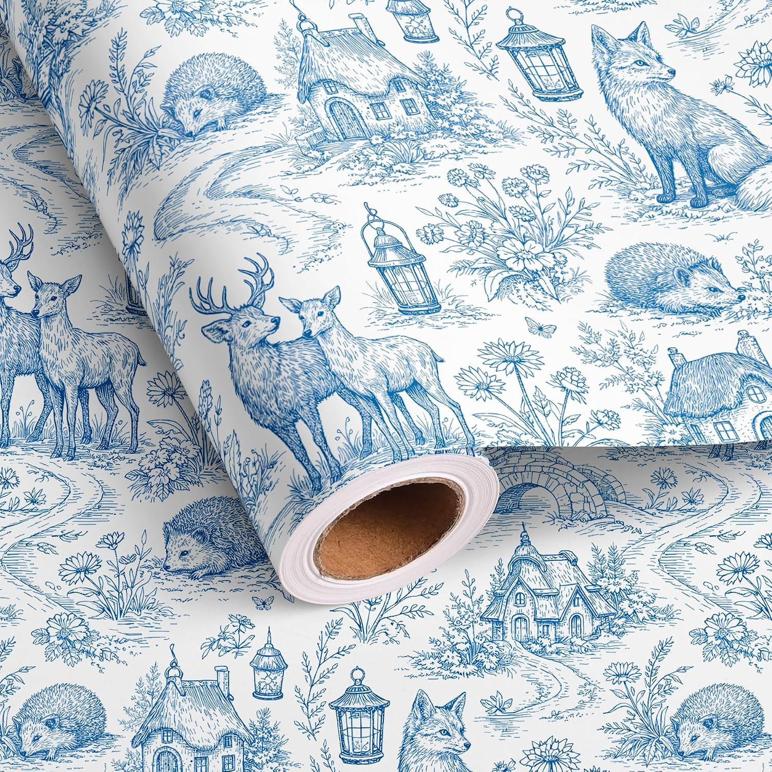 Dlyrroba Blue Toile Woodland Wrapping Paper Roll - Vintage French Country Fox Deer Design Gift Wrap for Birthday Autumn Christmas Party Holiday - 17 Inch x 16.5 Feet | Amazon (US)