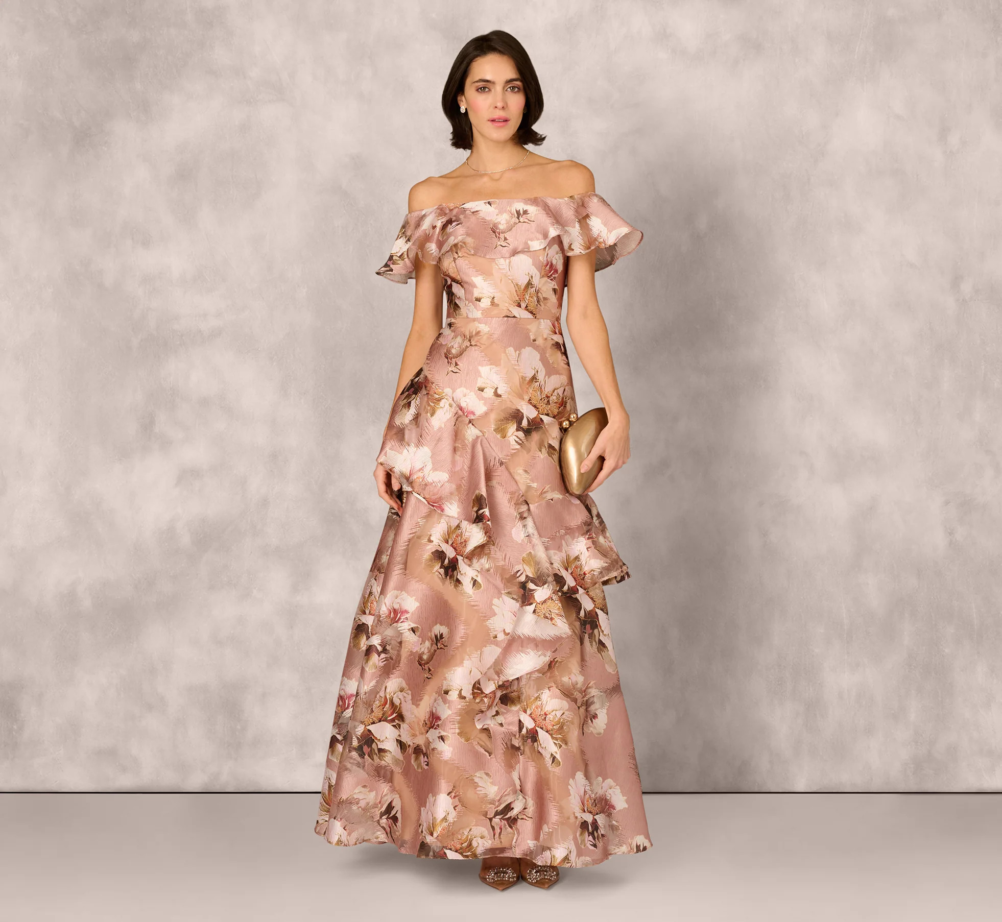Multi Colored Off Shoulder Floral Jacquard Flounce Gown - Adrianna Papell | Adrianna Papell