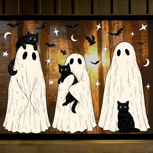 Retro Halloween Window Clings: Cute Ghost Family Vintage Black Cat Halloween Decorations Indoor, Aesthetic Cozy Spooky Window Decorations for Home, Apartment, Kitchen, Living Room Decor | Amazon (US)