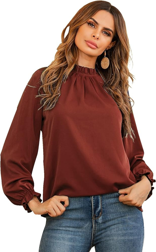 LYANER Blusa de manga larga con volantes y cuello alto para mujer | Amazon (US)
