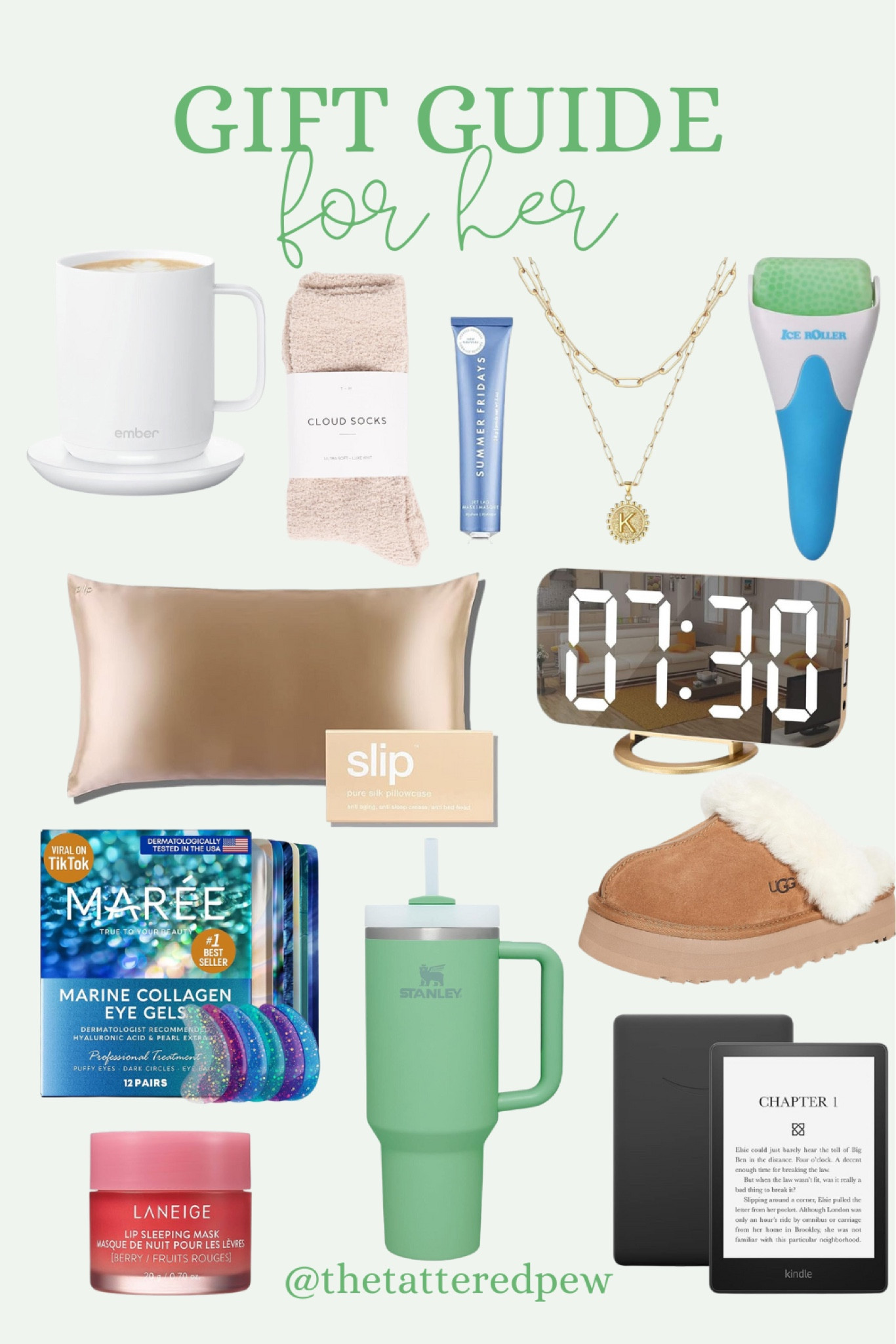 The best gift ideas for her! Love these gift ideas including an ice roller, initial necklace, cozy socks, Summer Fridays mask, silk pillow case, Ember coffee mug, Stanley cup, eye patches, UGG slippers, alarm clock and a Kindle! 

#LTKGiftGuide #LTKbeauty #LTKstyletip