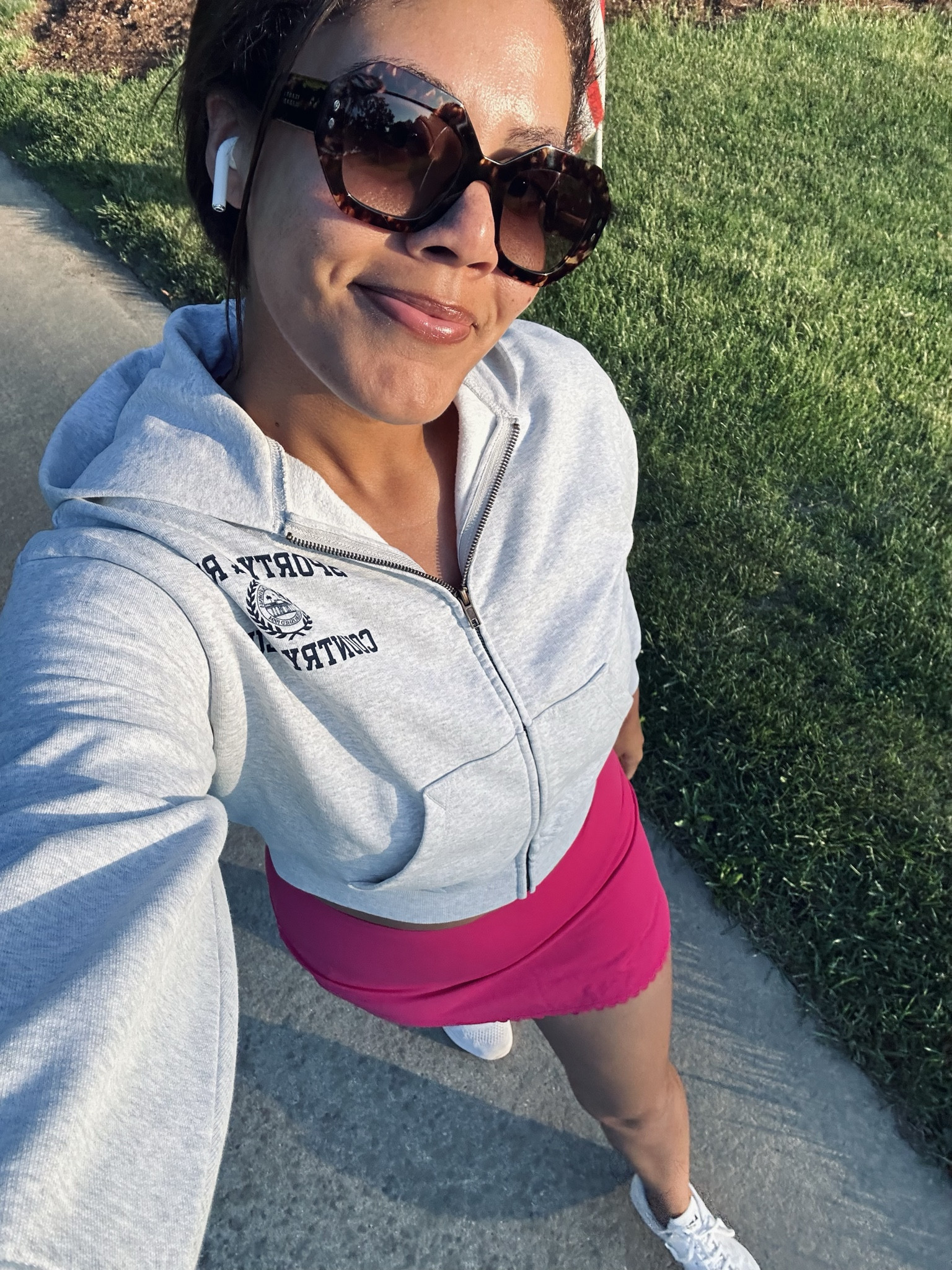 Tennis skirt outfit and grey zip hoodie. The perfect “it girl” walk outfit. 🎾

#LTKshoecrush #LTKfitness #LTKstyletip