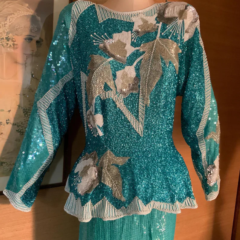 Vintage 1980s Lillie Rubin Beaded Sequin Two Piece Dress Set, Turquoise Formal Gown | Etsy (Global)