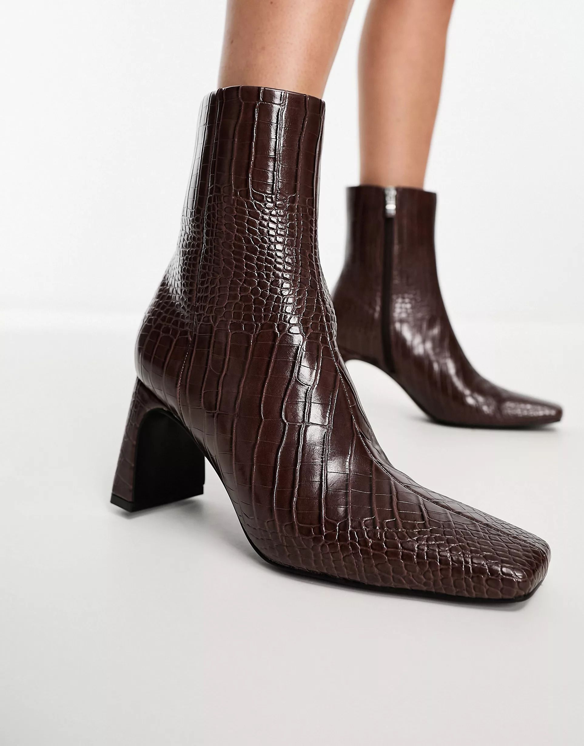 Glamorous mid heel ankle boots in brown croc | ASOS (Global)