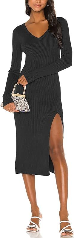 ALENDA DANMOS Women's V Neck Long Sleeve Midi Ribbed Knit Dress Elegant Sexy Side Slit Bodycon Pullo | Amazon (US)